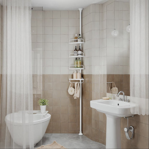 Rootz Telescopic Shower Shelf - Bathroom Organizer - No-Drill Storage - Adjustable Height - 85cm to 305cm - Steel & PP - 25cm x 25cm x 35cm