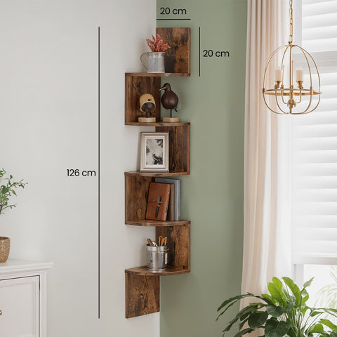Rootz 5 Level Corner Wall Shelf - Floating Shelf - Decorative Shelf - Ample Storage Space - 20cm x 20cm x 127.5cm