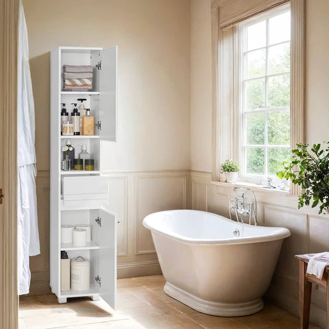 Rootz Bathroom Cabinet - Bathroom Furniture - Storage Unit - Drawer Organiser - Classical White MDF - 30cm x 30cm x 170cm
