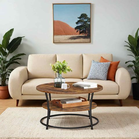 Rootz Round Coffee Table - Sofatic with Shelf - Living Room Table - Durable Wooden Chipboard & Steel - 80cm x 45cm