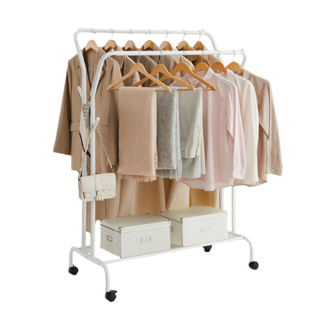 Rootz Clothing Rack on Rolls - Clothes Sticks - Cloakroom Rod - Steel, 100kg Capacity - 52.5x103.5x155cm, White