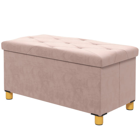 Rootz Foldable Storage Bench - Bedbell - Ottoman - 67L Capacity - Velvet Comfort - 76L x 38B x 38H cm - Pink