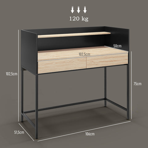 Rootz Modern Desk - Writing Table - Office Desk - Storage Space - 106W x 51.5D x 102.5H cm - Black Metal Frame & Wood Particles