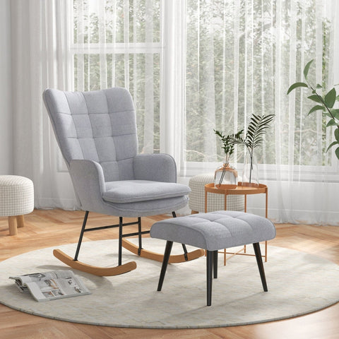 Rootz Rocking Chair with Ottoman - Scandi Design - Beech Wood - Comfortable Padding - Stylish - Durable - 64cm x 89cm x 90cm - Gray