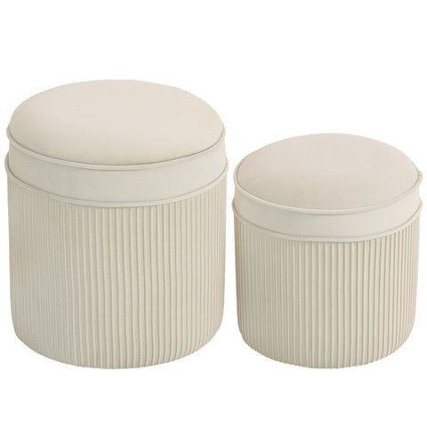 Rootz Set of 2 Storage Stools - Ottomans - Velvet Footstool - Space-Saving, Hidden Storage - White - 36x36x41.5cm & 32x32x33.5cm