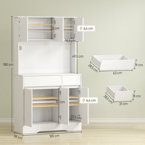 Rootz Kitchen Cabinet - Storage Unit - Pantry Organizer - Ample Storage - 100cm x 38cm x 180cm - White Chipboard