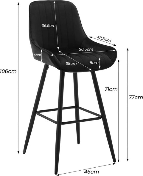 Rootz Velvet Bar Stool Set - Counter Stools - Square Metal Footrest - Thick Foam Seat - Ergonomic Backrest - 48.5cm x 106cm x 46cm