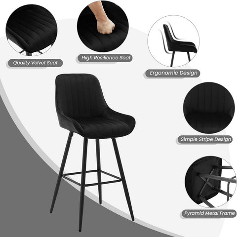 Rootz Velvet Bar Stool Set - Counter Stools - Square Metal Footrest - Thick Foam Seat - Ergonomic Backrest - 48.5cm x 106cm x 46cm
