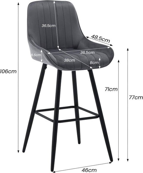 Rootz 2 Pack Bar Stool - Counter Stool - Padded Chair - Ergonomic - Velvet Seat - 48.5cm x 106cm x 46cm