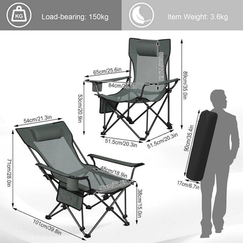 Rootz Ultralight Folding Camping Chair - Portable Recliner - Outdoor Seat - Adjustable Backrest, Compact Design, Durable Material - 84cm x 89cm x 65cm (Sitting), 84cm x 71cm x 101cm (Lying)