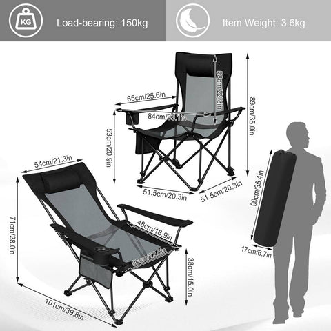 Rootz Ultimate Outdoor Folding Camping Chair - Adjustable Recliner - Portable Seat - Durable, Compact, Versatile - 600D Oxford Fabric - 84cm x 89cm x 65cm (Sitting), 84cm x 71cm x 101cm (Lying Down)