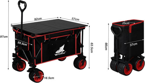 Rootz Foldable Handcart with Table Top - Portable Utility Cart - Outdoor Wagon - Versatile 2-in-1 Design - All-Terrain Wheels - Durable Construction - 92cm x 97cm x 55.5cm Unfolded