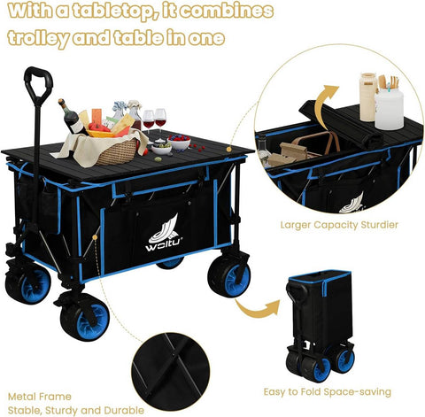 Rootz Foldable Handcart with Table Top - Portable Utility Cart - Outdoor Wagon - Versatile 2-in-1 Design - All-Terrain Wheels - Durable Construction - Unfolded: 92cm x 97cm x 55.5cm