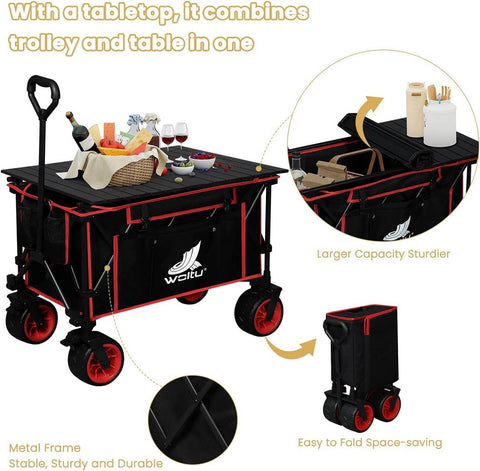 Rootz Foldable Handcart with Table Top - Portable Utility Cart - Outdoor Wagon - Versatile 2-in-1 Design - All-Terrain Wheels - Durable Construction - 92cm x 97cm x 55.5cm Unfolded