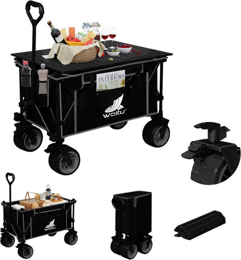 Rootz Foldable Handcart with Multifunctional Table Top - Portable Utility Cart - Outdoor Wagon - All-Terrain Wheels - Durable Construction - Compact Storage - 92cm x 97cm x 55.5cm Unfolded, 66cm x 25cm x 37cm Folded