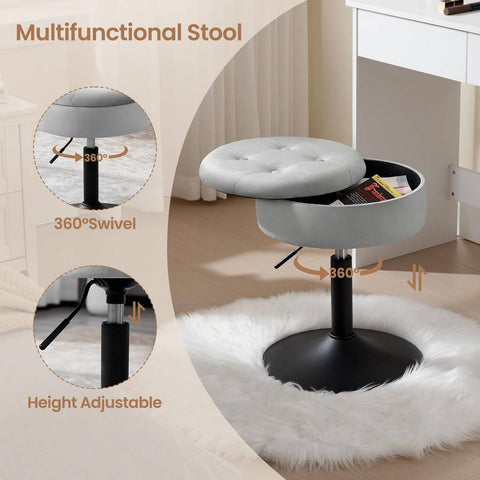Rootz Adjustable Velvet Bar Stool - Counter Stool - Kitchen Stool - Durable, Multifunctional, Storage Space - 39.5cm Seat Diameter, Height 49.5-65cm
