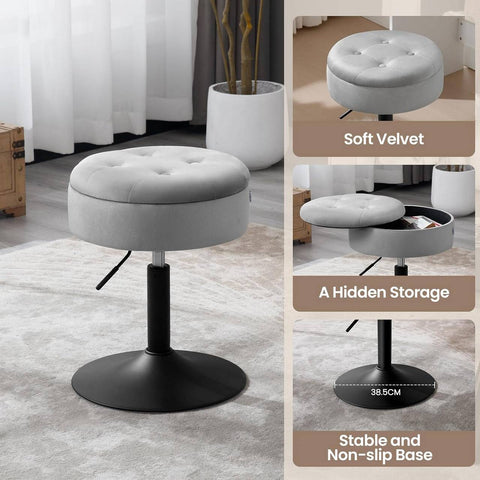Rootz Adjustable Velvet Bar Stool - Counter Chair - Swivel Seat - Durable, Multifunctional, Storage - 39.5cm x 49.5-65cm