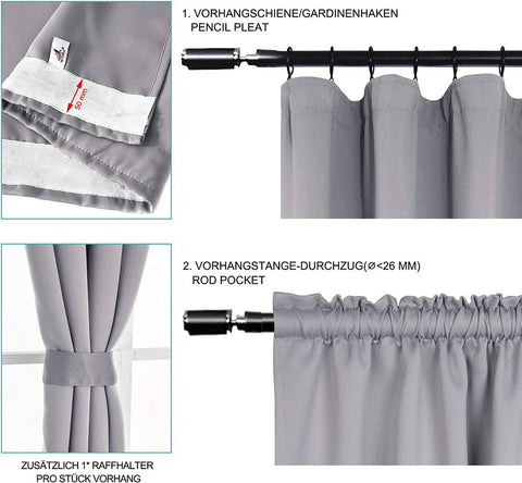 Rootz 2 Set Curtains - Opaque Drapes - Thermal Blackout - Energy-Saving, Noise-Reduction - 135x245 cm Grey