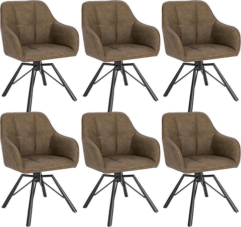 Rootz Rotating Dining Chairs Set of 6 - Swivel Chairs - Armchairs - Comfortable & Ergonomic - 360° Swivel - Robust Metal Frame - 58.5cm x 82.5cm x 54.5cm - Brown Faux Leather