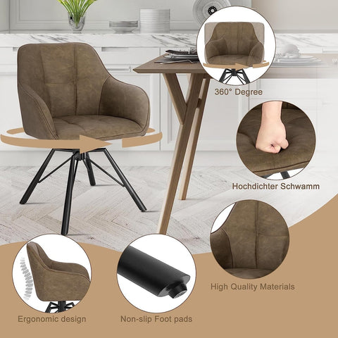 Rootz Rotating Dining Chairs Set of 6 - Swivel Chairs - Armchairs - Comfortable & Ergonomic - 360° Swivel - Robust Metal Frame - 58.5cm x 82.5cm x 54.5cm - Brown Faux Leather