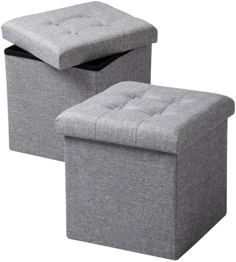 Rootz Foldable Storage Stools Set - Cube Bench - Ottoman Box - Sturdy Structure - Breathable Linen Cover - 37.5cm x 38cm x 37.5cm