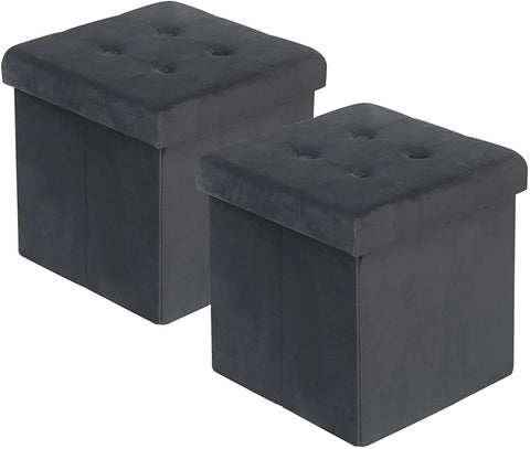 Rootz Velvet Storage Stool Set - Cube Seat - Folding Ottoman - Large Storage Capacity - 37.5cm x 38cm x 37.5cm - Pack of 2