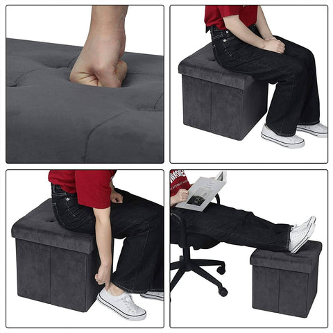 Rootz Velvet Storage Stool Set - Cube Seat - Folding Ottoman - Large Storage Capacity - 37.5cm x 38cm x 37.5cm - Pack of 2