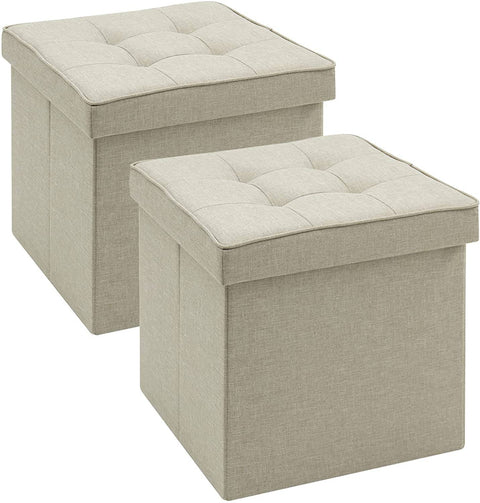 Rootz Foldable Storage Stools - Ottoman Stools - Space-Saving Furniture - Linen Material - 37.5cm x 37.5cm x 38cm