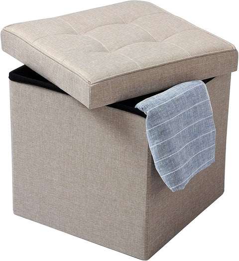 Rootz Foldable Storage Stools - Ottoman Stools - Space-Saving Furniture - Linen Material - 37.5cm x 37.5cm x 38cm