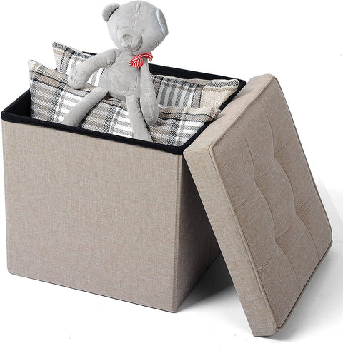 Rootz Foldable Storage Stools - Ottoman Stools - Space-Saving Furniture - Linen Material - 37.5cm x 37.5cm x 38cm