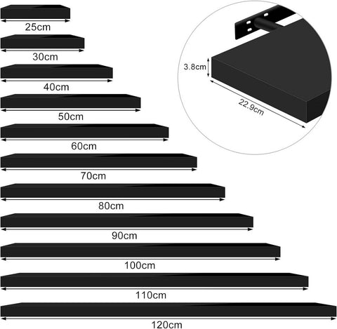 Rootz 2 Set Wall Shelf - Floating Shelf - Wood Board - Moisture-Resistant - 50x22.9x3.8cm - Black