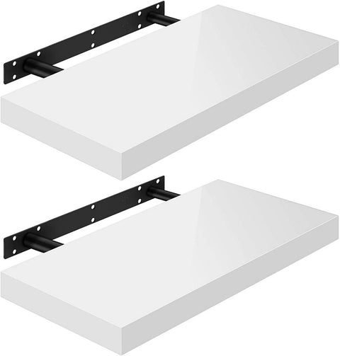 Rootz 2 Set Wall Shelves - Floating Shelves - Wood Boards - Moisture-Resistant - 60x22.9x3.8cm - High Gloss White Finish