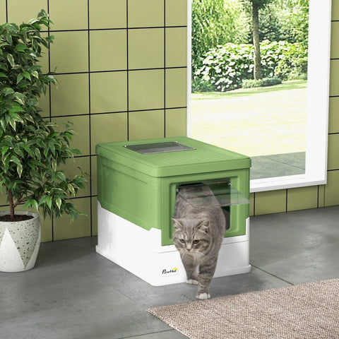Rootz Modern Cat Litter Box - Button-In Design - Hygienic & Spacious - Litter Scoop Included - White+Green - 47.5cm x 35.5cm x 36.7cm