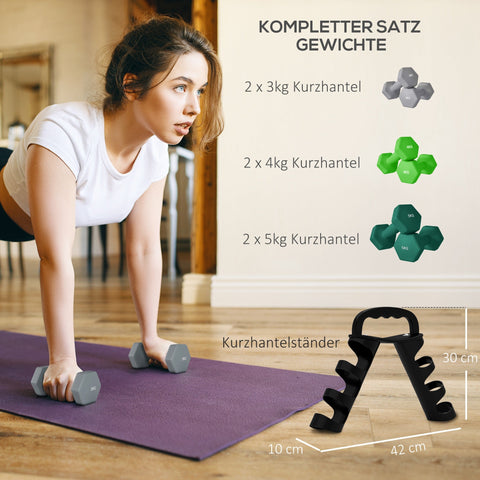 Rootz Dumbbell Set with Rack - Weights - Fitness Equipment - Hexagonal Design - Space-Saving - 3kg to 5kg - Dumbbell 18x8x8cm, Rack 42x10x30cm