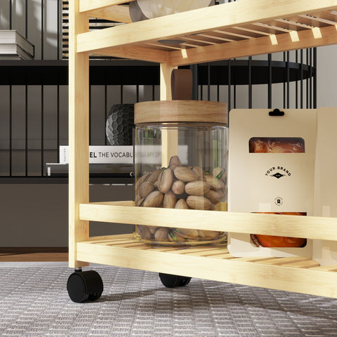 Rootz 3 Floor Bamboo Serving Cart - Storage Car - Rolling Trolley - Mold-Free Slat Shelves - 55cm x 20cm x 75cm