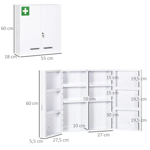 Rootz Medicine Cabinet - 6 Inner Compartments - Lockable - 2 Doors - Sturdy Steel Housing - White - 55 x 18 x 60 cm