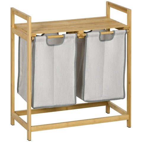 Rootz Laundry Collector with Two Spacious Baskets - Laundry Sorter - Bamboo Frame - Top Shelves - 64cm x 33cm x 73cm