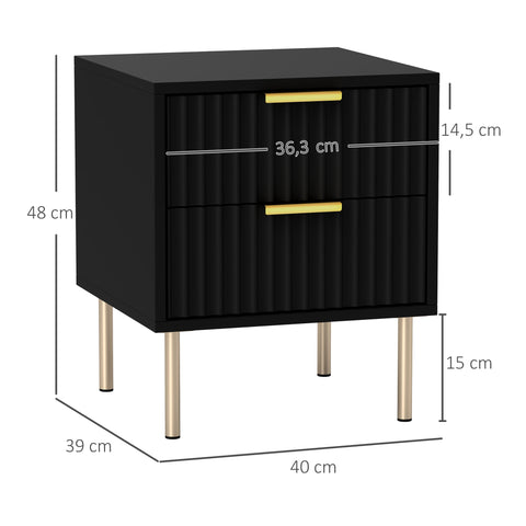 Rootz Bedside Table - Grooved Side Table - 2 Drawer Nightstand - Luxury Gold Handles - 40x39x48cm - Elegant Black with Steel Legs