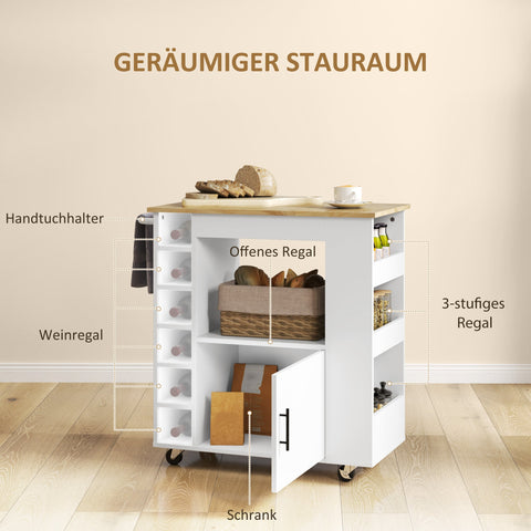 Rootz Kitchen Trolley - Rolling Island - Portable Cart - Wine Racks & Storage - Rubberwood Top - 83L x 40W x 83H cm