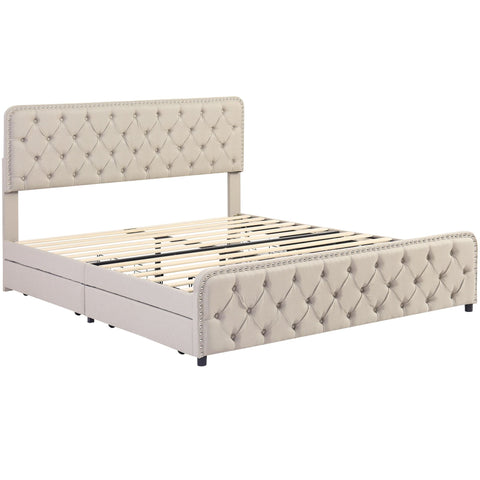 Rootz Upholstered Bed - Adjustable Headboard - Storage Bed Frame - Linen Fabric - 211.5cm x 180cm x 96.5-108.5cm