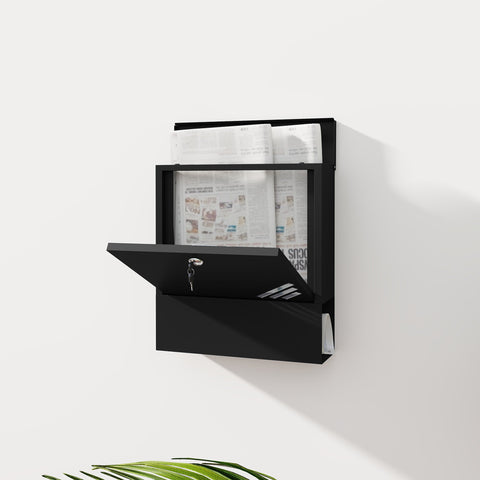 Rootz Black Mailbox with Viewing Window - Wall Mountable - Lockable - Rust & Weatherproof - 30cm x 8.5cm x 32.5cm