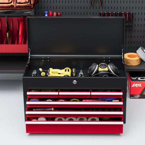 Rootz Tool Box - Lockable Storage - 3 Drawer Organizer - Durable Steel - Efficient Tool Management - 60cm x 26cm x 34cm - Red+Black
