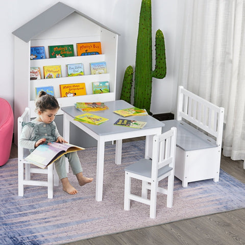 Rootz Children's Seating Group - Kids' Furniture Set - Children's Table and Chairs - Durable Pine and MDF - Convenient Storage - Easy to Assemble - Table: 60L x 50W x 48H cm, Chair: 25L x 25W x 55H cm, Bench: 60L x 30W x 55H cm