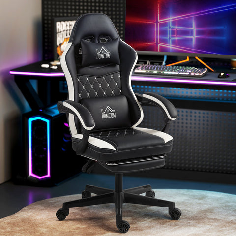 Rootz Gaming Chair with Footrest - Computer Chair - Ergonomic Seat - Stress-Reducing - 62cm x 107cm x 99cm - Black/White