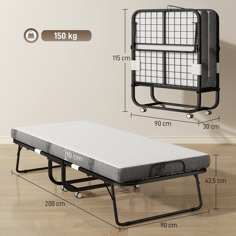 Rootz Folding Guest Bed - Travel Bed - Portable Bed with Mattress - Steel Frame - 200cm x 90cm x 42.5cm