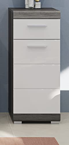Rootz Bathroom Narrow Chest of Drawers - Wood Material - White High-Gloss Fronts - Smoked Silver Body - Compact - 37 x 88 x 31 cm
