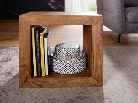 Rootz Cube Shelf - Side Table - Small Coffee Table - Solid Sheesham Wood - Handcrafted - Unique Grain - Attractive Design - 44cm x 44cm x 33cm