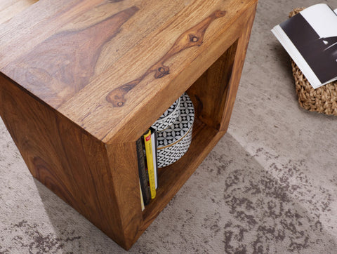 Rootz Cube Shelf - Side Table - Small Coffee Table - Solid Sheesham Wood - Handcrafted - Unique Grain - Attractive Design - 44cm x 44cm x 33cm