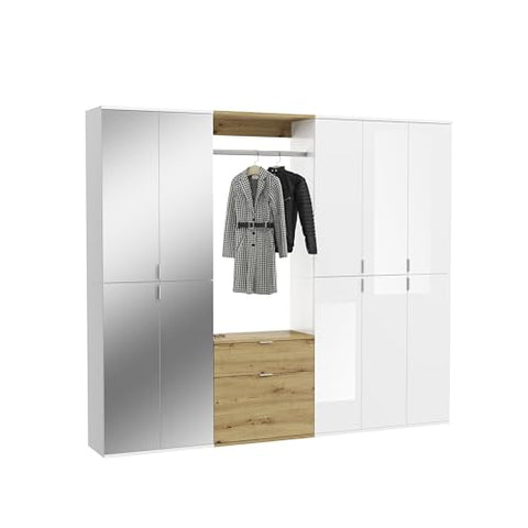 Rootz 4-Piece Combination Wardrobe - White Gloss/Mirror - Artisan Oak - Spacious Storage - 213cm x 193cm x 34cm