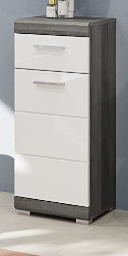 Rootz Bathroom Narrow Chest of Drawers - Wood Material - White High-Gloss Fronts - Smoked Silver Body - Compact - 37 x 88 x 31 cm
